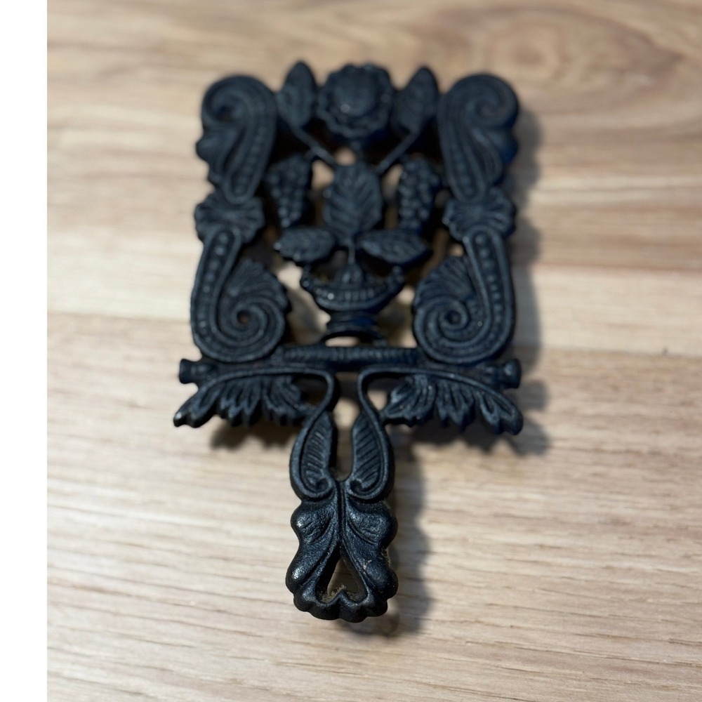 Vintage Cast Iron Footed Trivet Mold 2 Black Floral Urn Grapes 6.5in x 4in